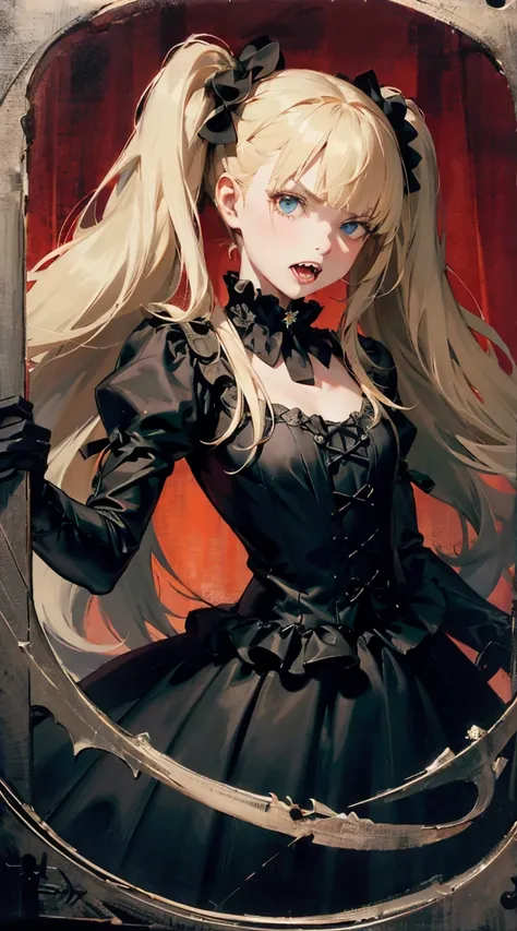 1girl, petite, twin drills, twintails, blonde hair, long hair, blunt bangs, blue eyes, angry, (gritting teeth:1.2), double teeth, anger vein, looking at viewer, goth fashion, gothic architecture, black gothic dress, long sleeves, puffy sleeves, gothic head...