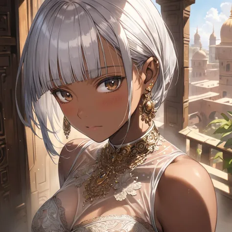 ((dark skinned female:1.3)),  Intricate Details,  Beautiful Detailed Face , (A bra visible from a transparent blouse:1.2),  watching viewers,  silver Hair , bobed hair,  blunt bangs , hoop earring, huge chest, tan skin, embarrassed, living,  Atmospheric Pe...