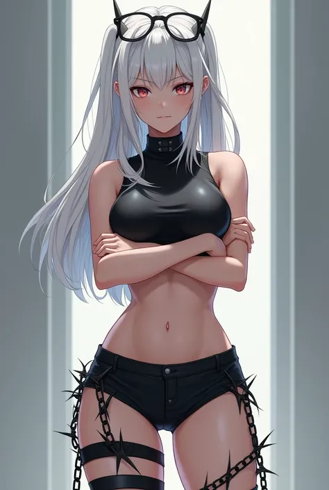  Create a faceless white-haired character ,  with phonk glasses with thorns on her head ,  dressed in a black shirt  ,  with arms crossed standing ,  with a part of her foot with chains of thorns , Make her sexy and bulky  , Do it in HD anime style , Take ...