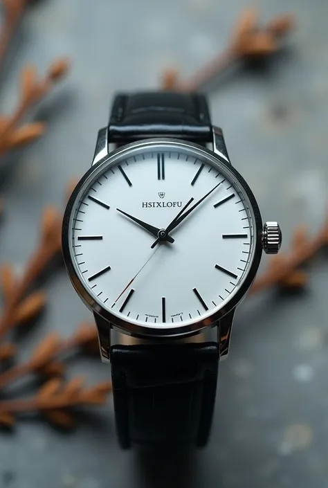  a wristwatch with a frosted glass dial . The hands of the clock are black .  The frosted glass dial is above the hands and you can see the hands through the frosted glass.