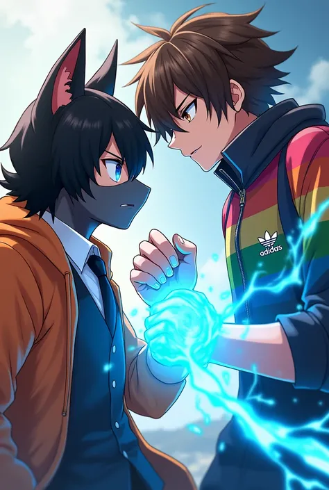  Draw a rivalry between a black haired anime guy with cat ears, wearing an orange hoodie , masked with a big eye closed on his face , black vest and black tie competing against a brown anime guy ,wearing a rainbow-colored adidas jacket , fist with a blue a...