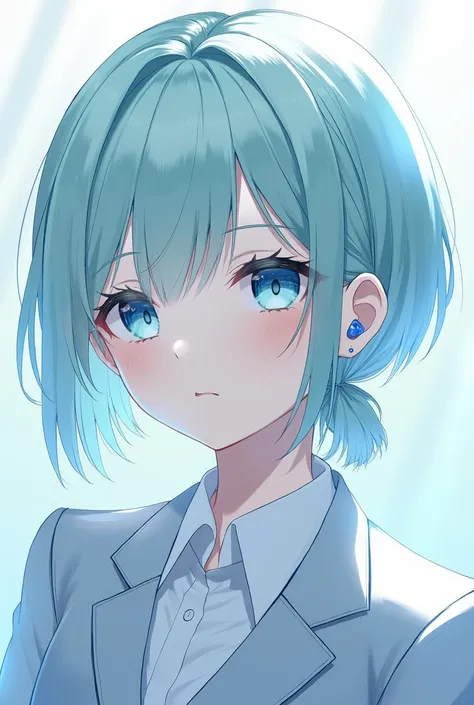 Young Girl , blue eyes , comeliness, Mint-colored hair ,  Tie the hair down into one ,  short hair,  white skin ,  wear a blue triangular earring on the left ear, white shirt,  suit, Blue reflective light 