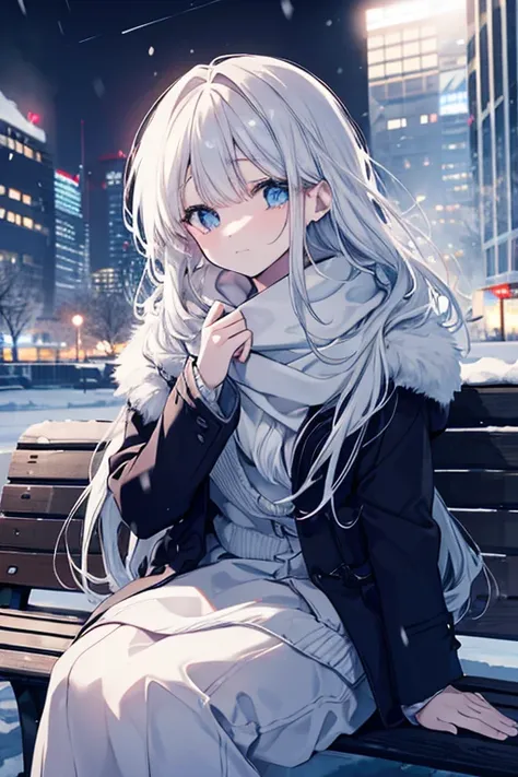 a beautiful sad girl in a snowy winter landscape, long hair flowing in the wind, sitting alone on a park bench, wearing a warm winter coat, cityscape in the background, snowflakes falling, cinematic lighting, dreamy, melancholic, 8k, high quality, detailed...