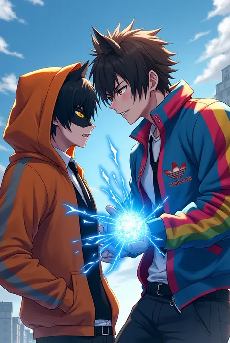  Draw a rival anime between a black haired anime guy with cat ears,wearing an orange hood , masked with a big eye closed on his face , black vest and black tie competing against a brown anime guy ,wearing a rainbow-colored adidas jacket , fist with blue au...