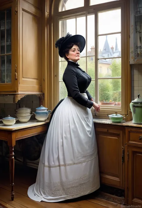  Full body shot  of A voluptuous buxom mature Victorian widow standing in front of a window in her kitchen, by Jean Béraud, inspired by Jean Béraud, inspired by Édouard Detaille, edouard leon cortes, inspired by Ivan Kramskoi, inspired by Jean-Louis-Ernest...