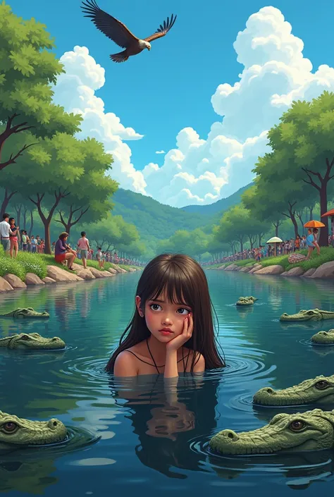  Create a setting in an ecological park where a young adult in
Cartoon shape, feel isolated and with a deep sadness she has long brown hair and bangs and black eyes, light brown skin and indigenous features. She felt distant and unwilling to live .  Life g...