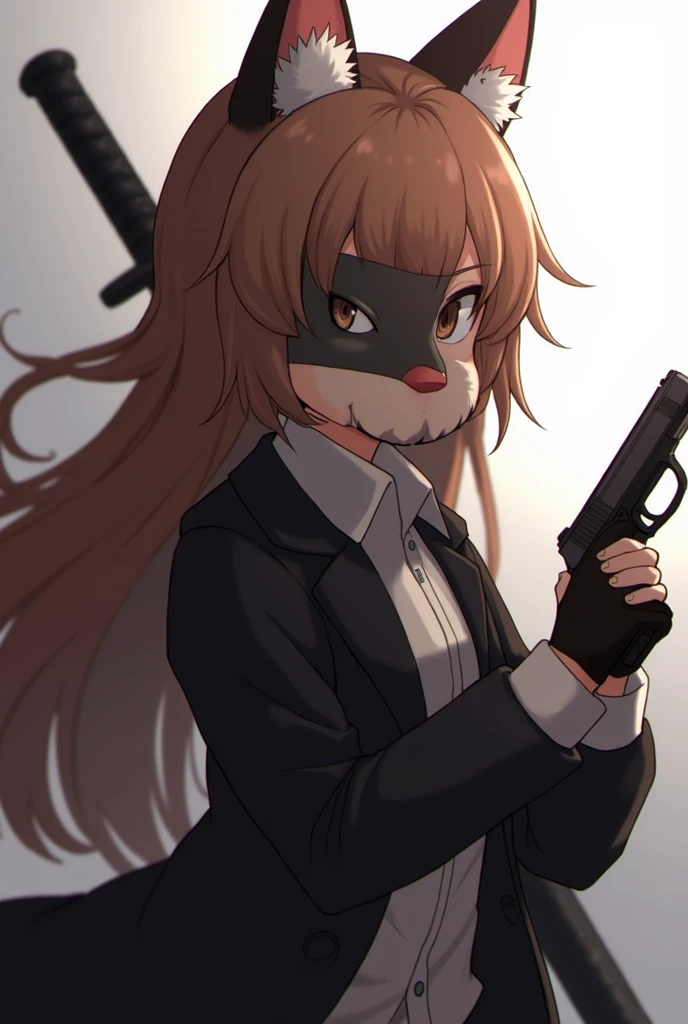 Sam Sai Solo ,  Face Hidden 、male、 Overall View High Resolution , Brown Hair,  Hide Ears ,  closes her mouth、 First Person View ,  Fox Mask Backlight, Holding a sword、 holding a handgun、 anime style振り向いてこっちを見ている、刀を肩に置く