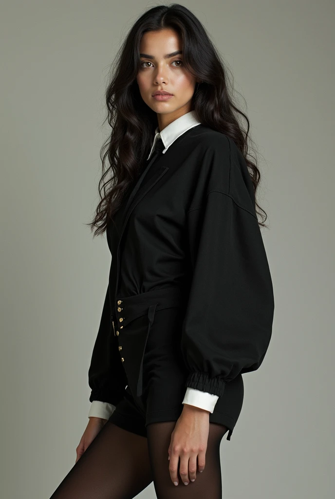 Girl named Adelaida her porcelain face long dark and smooth hair impeccably styled with a black suede outfit with matching boots and a white blouse with a dark tights collar
