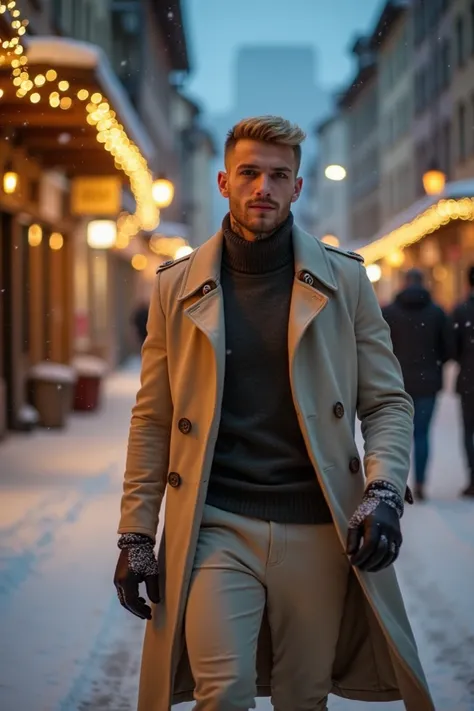  Close selfie Its night in Switzerland and its snowing a lot of young American man Short haircut blonde hair ,  white pele,  well-defined muscle body ,  Neck and arm tattoo wearing a light beige coat and beige hat with a light beige turtleneck shirt inside...