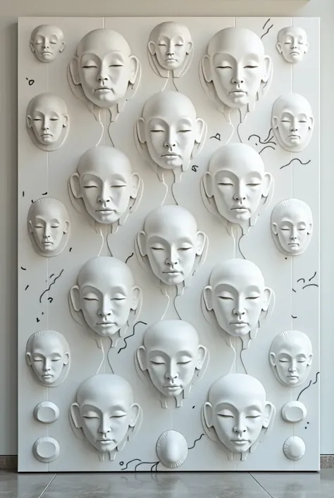 ((Best Quality)), ((masterpiece)), ((detailed)), ((High Definition)), wall made of dozens of white marble, bass relief, hairless male faces, flat frontal view