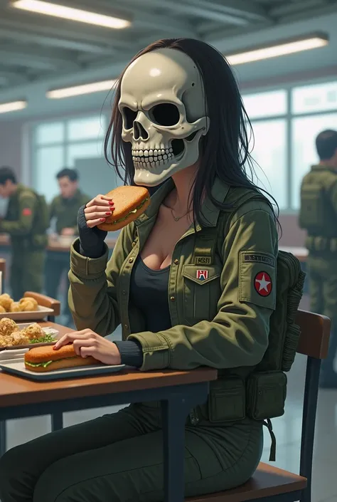 

Character: An anime girl wearing Ghosts skull mask from Call of Duty, lifting the bottom half of the mask to reveal her face as she enjoys eating a sandwich.
Setting: She’s in a military cafeteria, sitting at a simple, utilitarian table with other soldie...