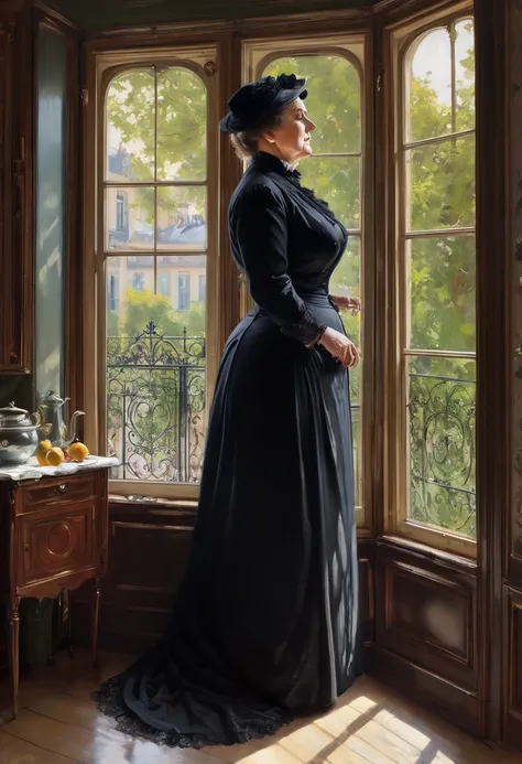  Full body shot  of A voluptuous buxom mature Victorian widow standing in front of a window in her kitchen, by Jean Béraud, inspired by Jean Béraud, inspired by Édouard Detaille, edouard leon cortes, inspired by Ivan Kramskoi, inspired by Jean-Louis-Ernest...