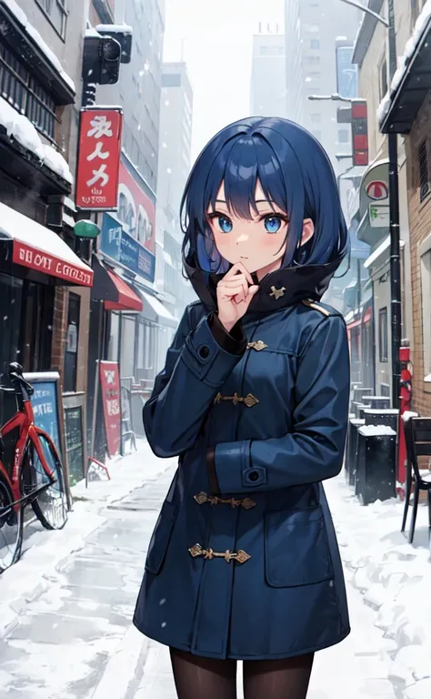 City,Snowstorm,noon, blue haired girl, blue eyes,long sleeve coat, Proximity Method