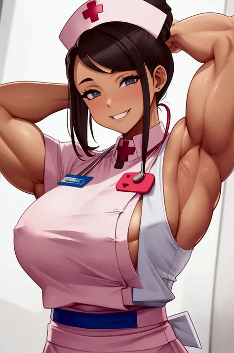  cute muscular nurse at the hospital, smiling. big biceps . Armpit fly 
