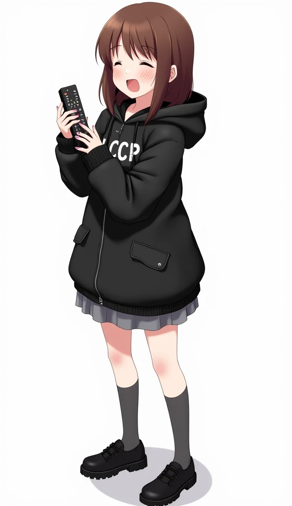 Teenage woman looking forward and brown hair standing in front and her legs and wearing black leather shoes with pins and knee-length gray socks And black poleron with hood and with white phrases Athletic-style font LCCP on the chest with pink nails gray s...