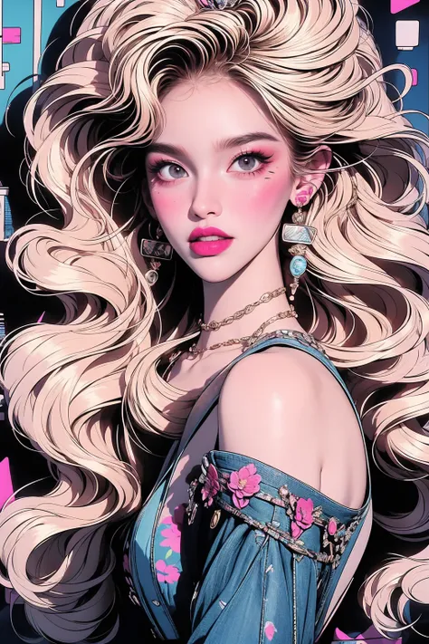 Create a digital art work in pop art style, featureing a vibrant and confident woman with bold makeup and colorfull fashion, cinematic color scheme, surrounded by vintage flowers patterns, energtic brushstrokes,the mood should be dynamic, upper body, drawi...