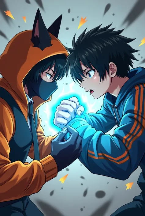  Draw a rival anime between a black haired anime guy with cat ears,wearing an orange hood , masked with a big eye closed on his face ,black vest and tie ,không có miệng,  is breaking hands preparing to attack opponent with ebony anime guy, wearing rainbow-...