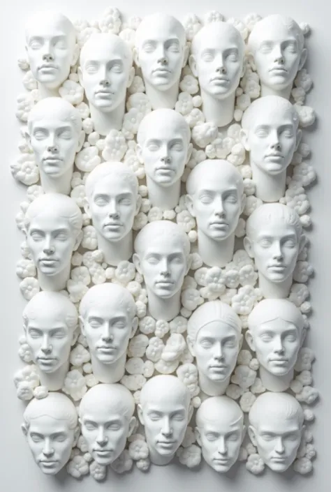 ((Best Quality)), ((masterpiece)), ((detailed)), ((High Definition)), ((anime)), wall made of hundreds of white marble male faces, randomly rotated. flat frontal view