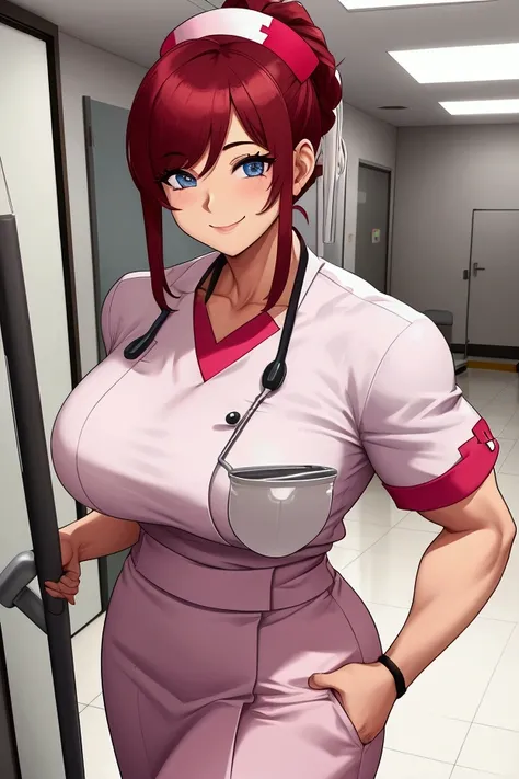  meal tray muscular woman at the hospital, smiling. big biceps . Female nurse carrying a cute 
