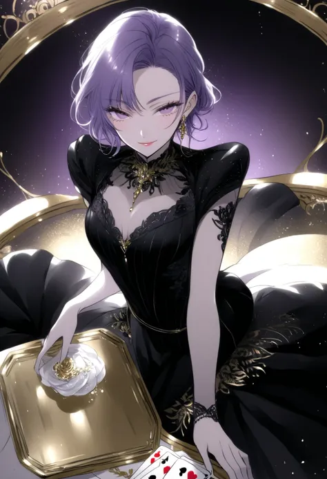 Luxuriousカジノ,  elegant , Luxurious, Card Table, A female croupier is handing out cards, Mid Shot,   Seductive Smile ,  facing the viewer , Champagne, A depraved atmosphere