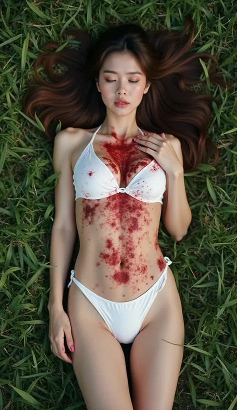 looking down from above, Full body photo, A tall skinny 30 year old woman,Fainting ,  Dark brown long hair ,  White skin , Close your eyes,  Chubby Chest, (Body filled with blood !), (The body is covered with bruises!),  lying on the grass , Scene of a 30-...