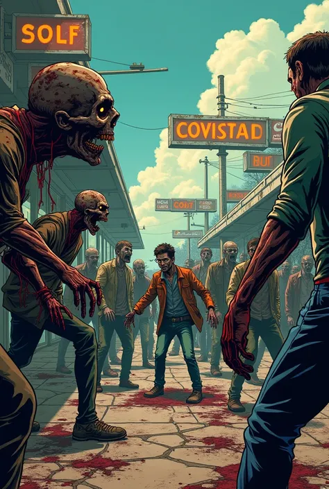 zombies, zombie apocalypse thematic, comic drawing style, HD, very detailed, in the background a bus station