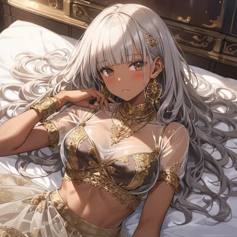 ((dark skinned female:1.3)),  Intricate Details,  Beautiful Detailed Face , (A bra visible from a transparent blouse:1.2), see-through skirt, watching viewers,  silver Hair , bobed hair,  blunt bangs , medium hair, hoop earring, huge chest, tan skin, embar...