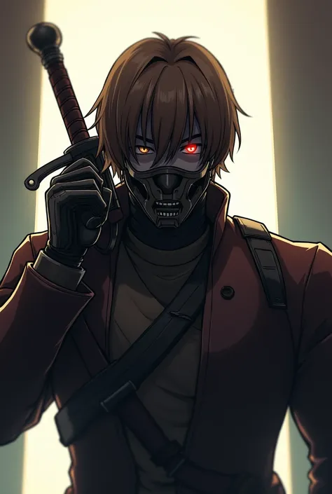 Sam Sai Solo ,  Face Hidden 、male、 Overall View High Resolution , Brown Hair,  Hide Ears ,  closes her mouth、 First Person View ,  Mask Backlight, Holding a sword、 holding a handgun、 anime style横を見る、A cool man putting a sword on his shoulder、 glaring 、 mec...