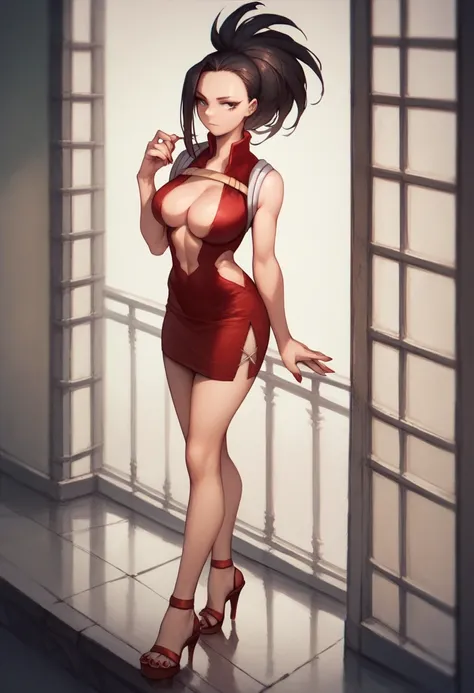 Small low-cut dress, cleavage, breasts showing, open-toe stiletto heels, red nails, Momo Yaoyorozu, large breasts, 