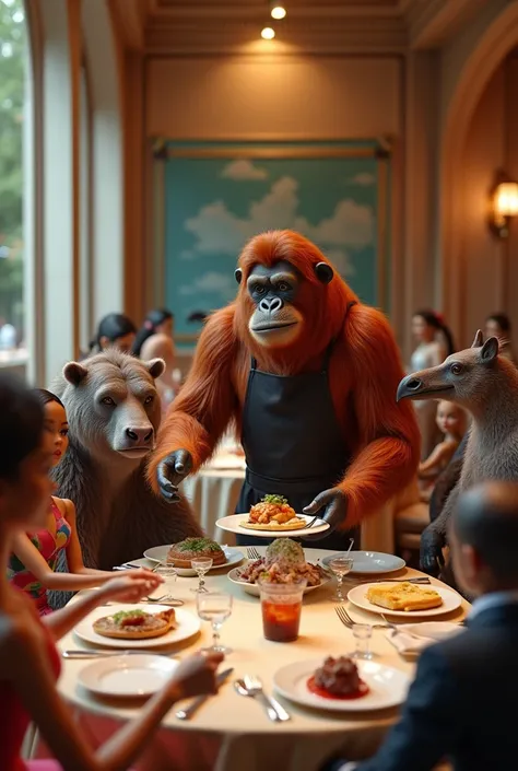 a realistic photo of an orangutan serving lunch to a cow, elephant, grizzly bear, hippo, crow, and barbie dolls in a restaurant, highly detailed, photorealistic, 8k, cinematic lighting, warm color tones, intricate details, stunning composition