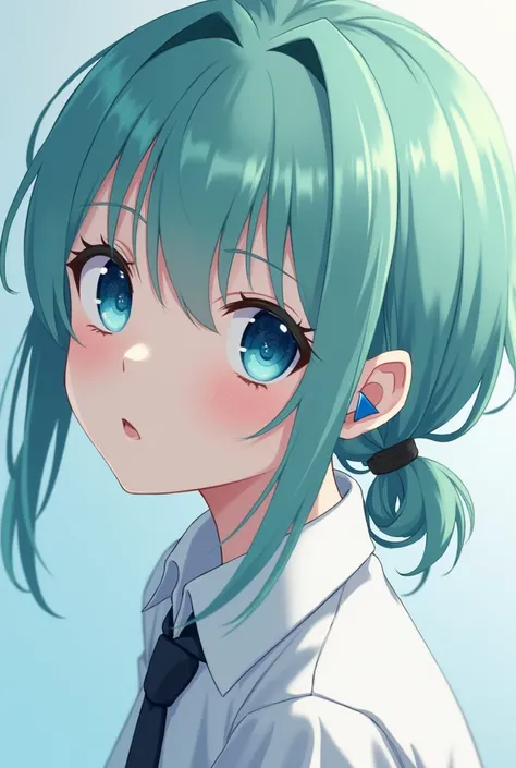 Young Girl , blue eyes , Very pretty , Mint-colored hair ,  Tie the hair down into one ,  short hair,  white skin ,  Put a blue triangular earring on the left ear, white shirt,  Blue reflection , No tie , Clean ,  skin on the face, Psychopath 