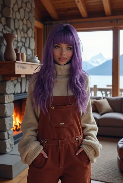 her name is Angela, high qualiy, 1 girl, ((brown woman, de 25 anos, in good shape)), ((20 years old)), ((Scrawny)), ((long length purple hair with bangs)), smiling, pose: sexly, wearing warm overalls, fund: "A luxurious alpine mansion with rustic wooden in...