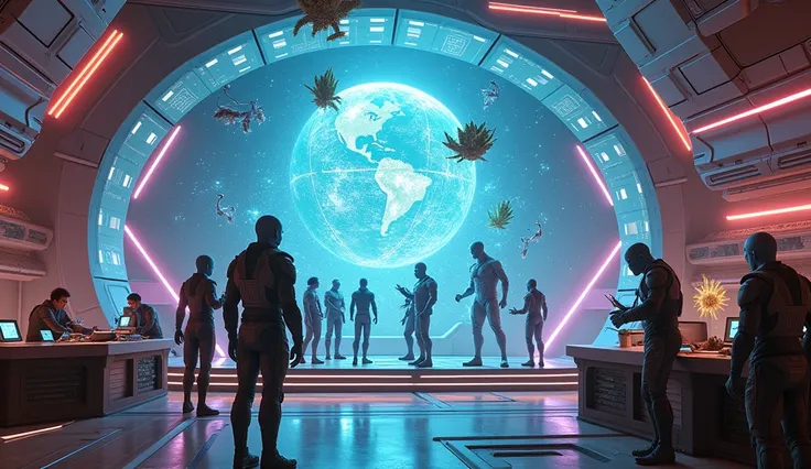 "Create a futuristic scene inside a sleek, high-tech command center of a spaceship, with a diverse group of humans and aliens working together. The humans are wearing modern spacesuits, while the aliens have distinct features, such as smooth blue skin and ...