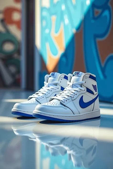 A high-fashion photoshoot featuring a pair of Nike Air Jordan 1 sneakers in a clean and crisp white and blue colorway. The sneakers are positioned on a smooth, reflective surface that enhances the texture and details of the leather and suede materials. The...