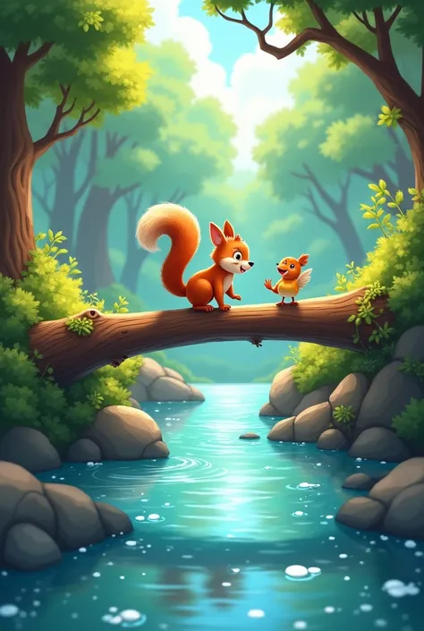 Illustration Niko the squirrel blancing on a log across a sparkling river with pip flying nearby cheering him on