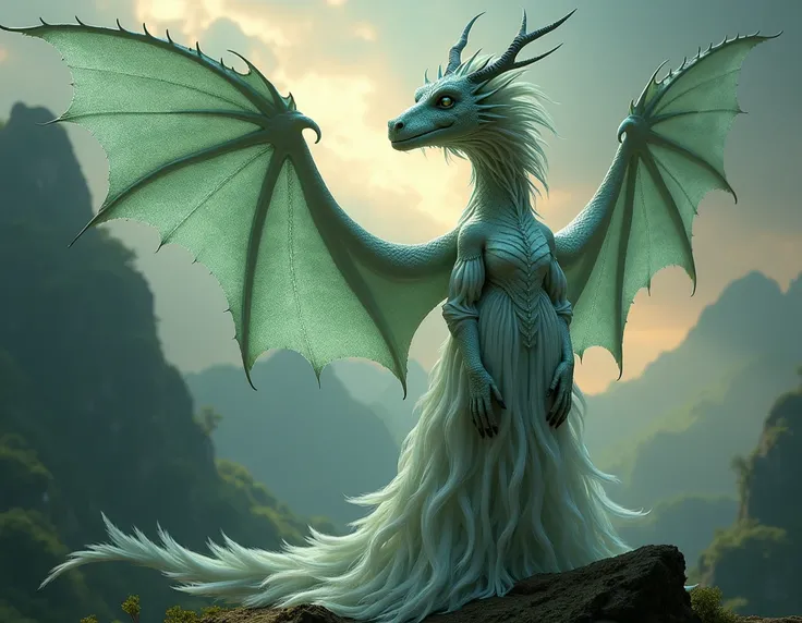  depicts a mysterious dragon ， undergoing a magical transformation ， gradually changes from the form of a dragon to an elegant and beautiful woman 。 The woman retains some of the features of the dragon ， such as shimmering scaly shiny skin ，Or the sharp ey...