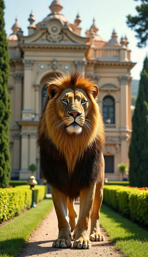  regal lion standing majestically in front of an opulent palace adorned with intricate and detailed architecture, surrounded by manicured lush green gardens. The scene features vibrant greenery and towering trees in the background. The image is captured wi...