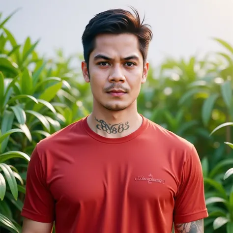  Asian men with tattoos. Pretty tattoos  ,  Professional 4K Photos  ,  wearing a black shirt with bright lettering "88 Butaphuang 88" Looking directly at the audience  ,  Always bright and shining  ,  shining light on the subject without dark shadows  ,  T...