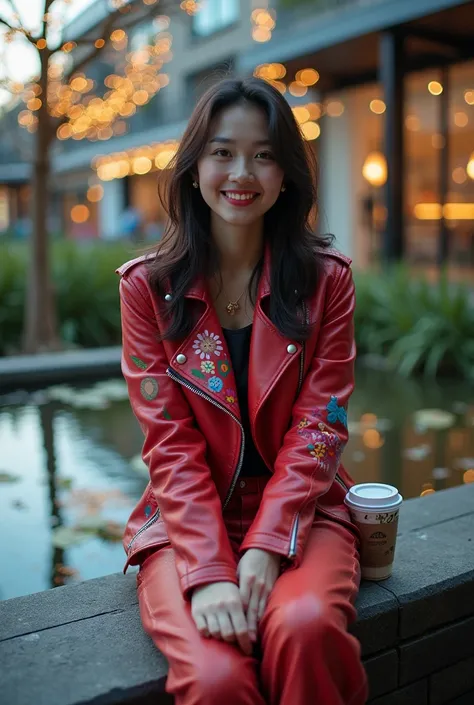 A beautiful Korean haired woman,  smiling,
 wearing a red leather jacket full of colorful graffiti streaks,Long wide pants ripped sneakers vans ,  is sitting on a wall of a minimalist fish pond , in an outdoor cafe during the day , a Starbucks coffee ,Mini...