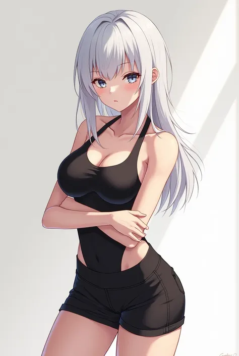  Create a faceless white-haired character ,  with phonk glasses with thorns on her head ,  dressed in a black shirt  ,  with arms crossed standing ,  with a part of her foot with chains of thorns , Make her sexy and bulky  , Do it in HD anime style , Take ...