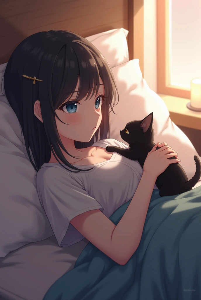 Mavuika (genshin) smiling as she looks at the little black kitten she holds in her arms, she lays back against the pillows and headboard of the bed, the room is a bedroom lit up gently by a lamp