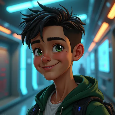 a smiling twenty-year-old boy , with brown skin,  dark brown hair ,  green eyes,  and a small scar on his left cheek, semi-realistic and cyberpunk style