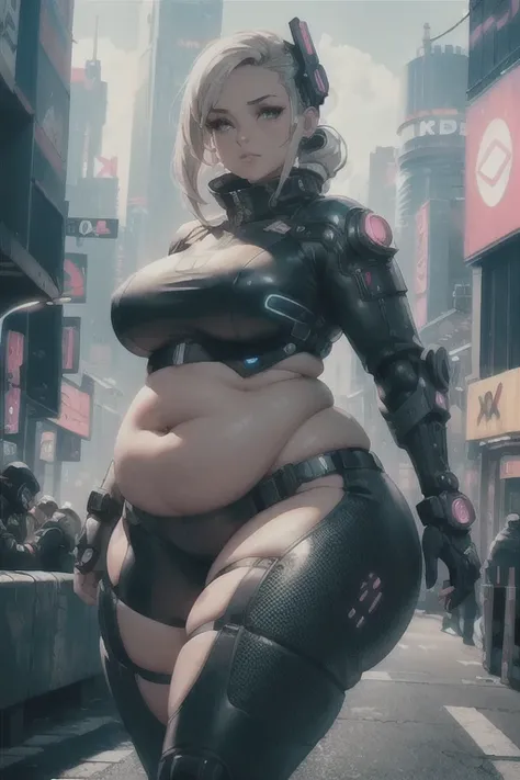 (Best quality), (high resolution), (detailed),1woman, curvy lady, thicc, chubby belly, futuristic style, future fashion (cyberpunk), robot woman, android, ((robot)), round stomach,(( pushing out stomach))