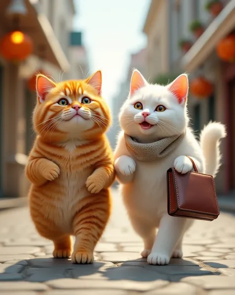 8k, realistic, high resolution. there are 2 cats as objects. The orange cat is fat and adorable. graceful female white cat. The 2 cats were walking happily, the orange cats expression was confused, the female white cats expression was happy and happy. the ...