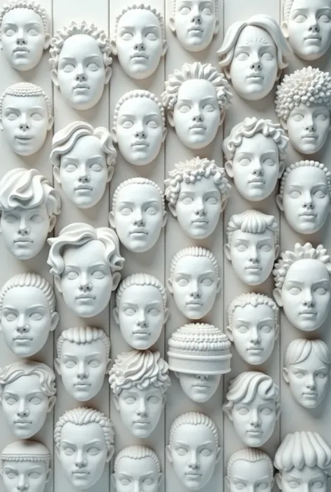 ((Best Quality)), ((masterpiece)), ((detailed)), ((High Definition)), ((Anime)), wall made of hundreds of white marble male faces, facing randomdirections, on different sizes and ages, randomly rotated, no empty spaces betwen them. flat frontal view, ANIME...