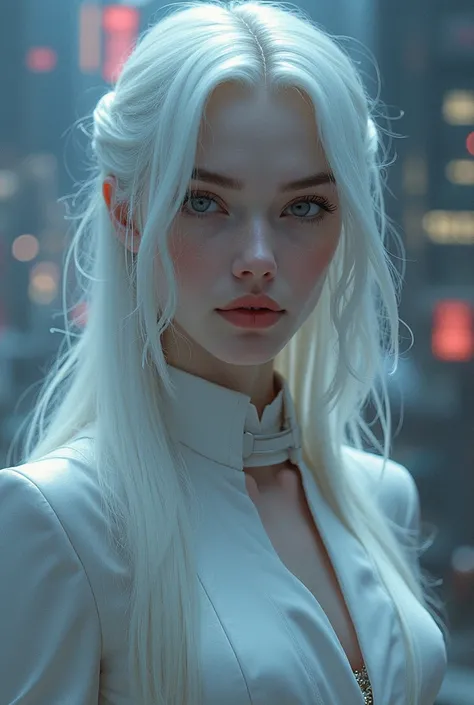  masterpiece , , (Alone focus), ( perfect face :1.1), ( High level of detail:1.1),Dramatic, 1 chico, (pale skin),  long white hair , white eyes, Alone, long hair, officer, Evening,  luxury white outfit, covered navel,  pursed lips, covered, futuristic city...