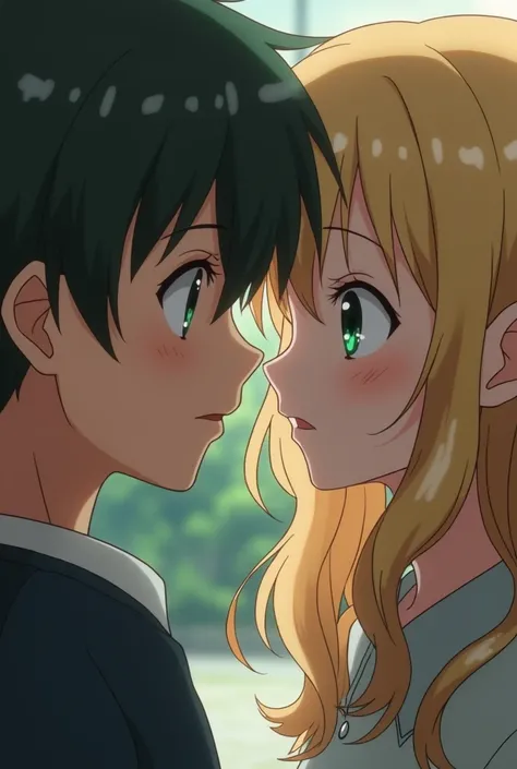 A blonde haired girl who has very long slightly wavy hair with dark green eyes is with a black haired boy who has dark green eyes., UFOTABLE screencap 