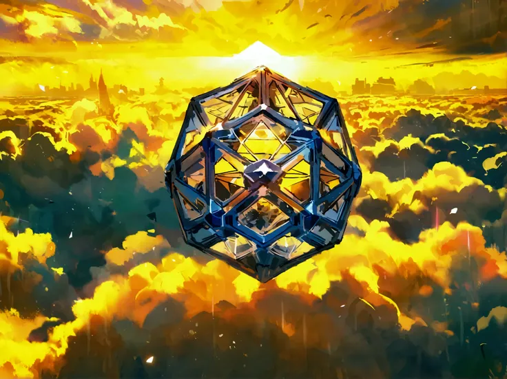 A crystal icosahedron floating in the yellow sky surrounded by clouds