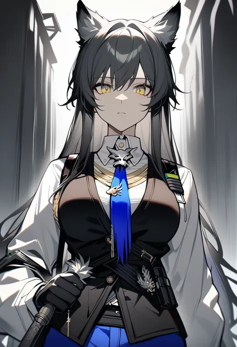  1 girl , Texas the Omertosa ( Arknights ),  Arknights ,  upper body,   with wolf ears ,  black hair,  yellow eyes,  clevis,  expressionless,  white shirt, Black vest,  blue tie,  blue shorts,  Masterpiece ,  best quality