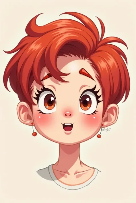  a white cartoon character with smooth cherry red hair with bangs, with a piercing on the right eyebrow and a scratch on the left eyebrow  